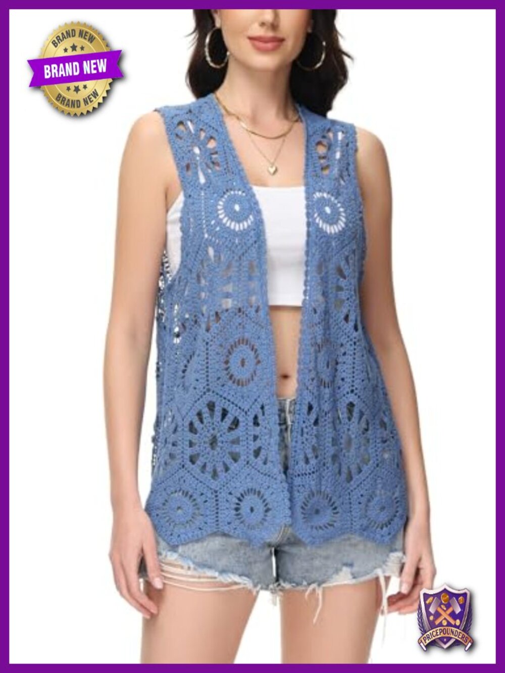 Anna-Kaci Crochet Vest Sleeveless Boho Lace Cardigan Cover Up